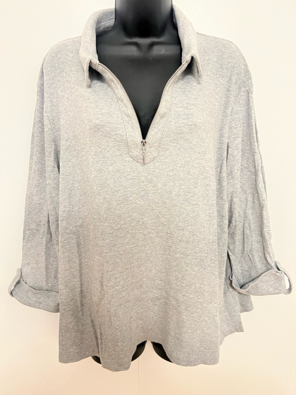 Karen Scott- Women's Heather Gray Quarter-Zip Pullover Top- Cotton